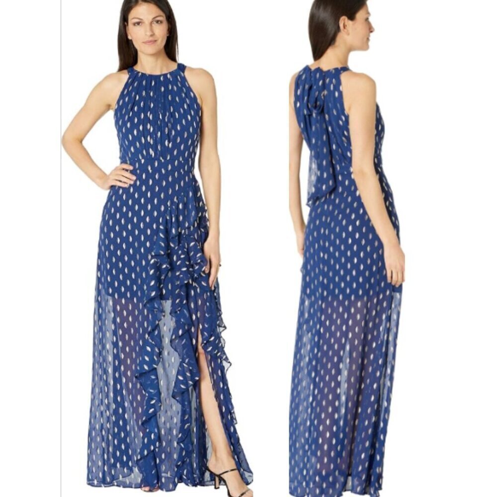 New! Betsy & Adam Clip Dot Handkerchief Hem Gown Maxi Dress 26749